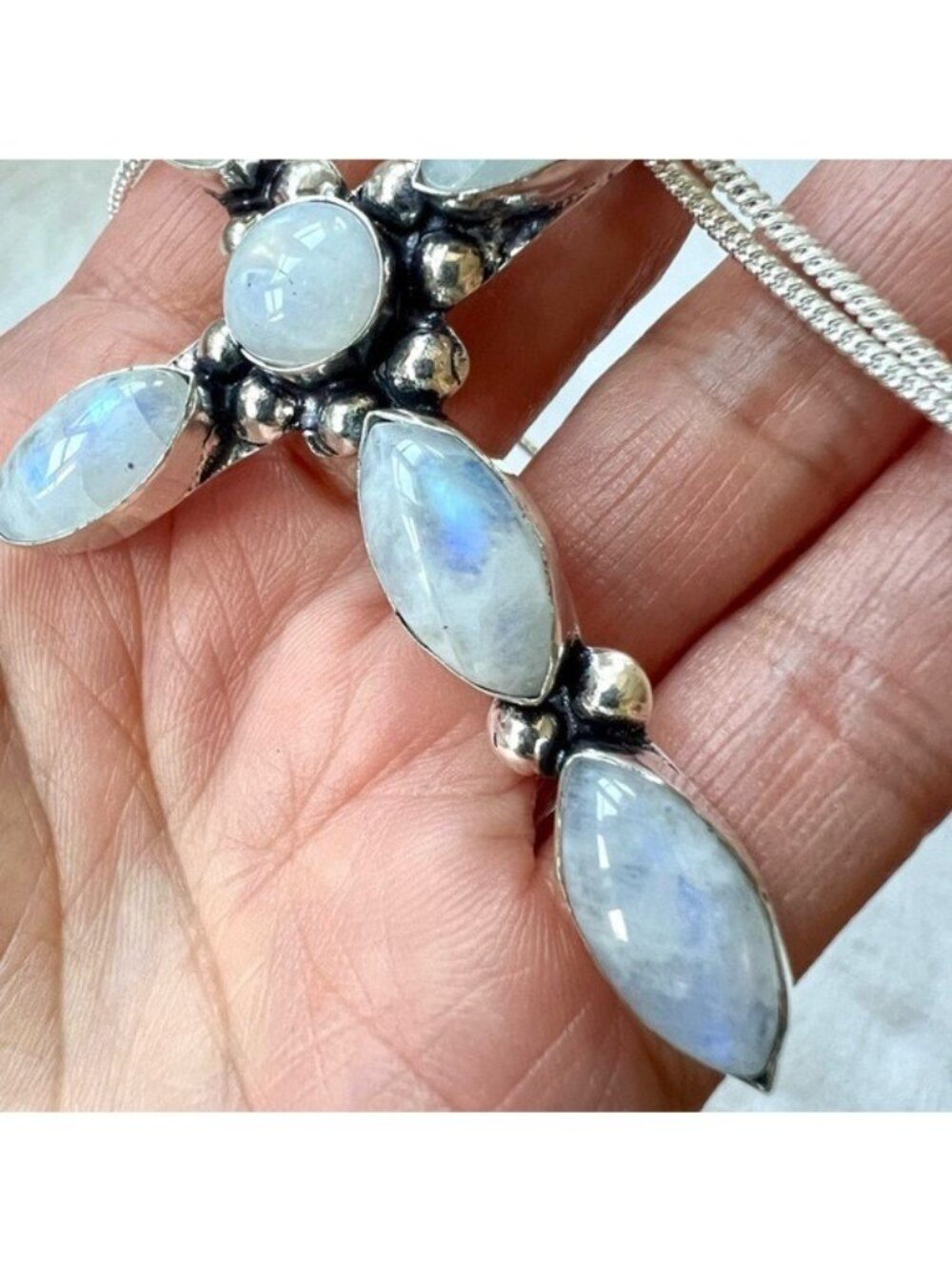 925 Majestic! Rainbow Flash Moonstone Cross Pendant Necklace - Picture 3 of 7